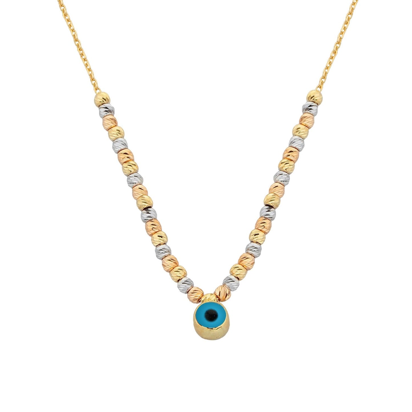 14K Real Solid Gold Two Sided Evil Eye Necklace with Beaded Balls