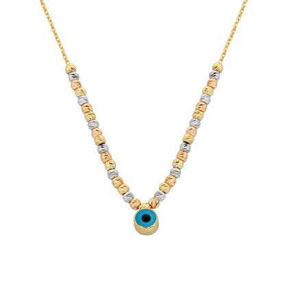 14K Real Solid Gold Two Sided Evil Eye Necklace with Beaded Balls