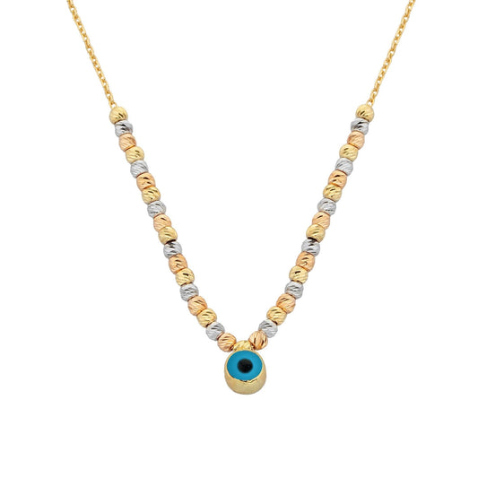14K Real Solid Gold Two Sided Evil Eye Necklace with Beaded Balls