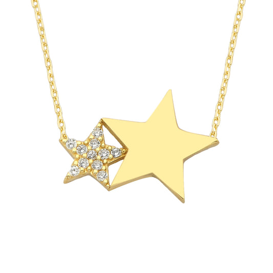 14K Real Solid Gold Two Stars Necklace | Double Star Pendant for Women