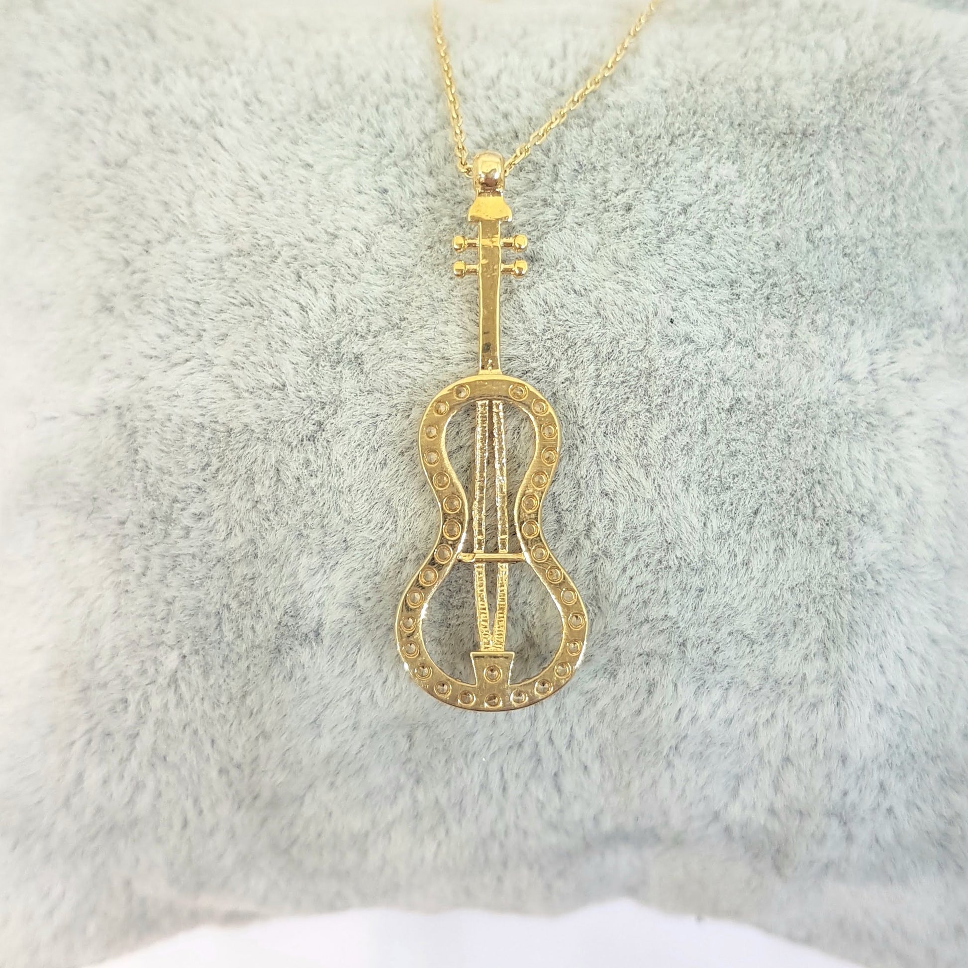 14K Real Solid Gold Violin Bass Guitar Charm Pendant Necklace Decorated with White Zirconia Stones Dainty Elegant for Women