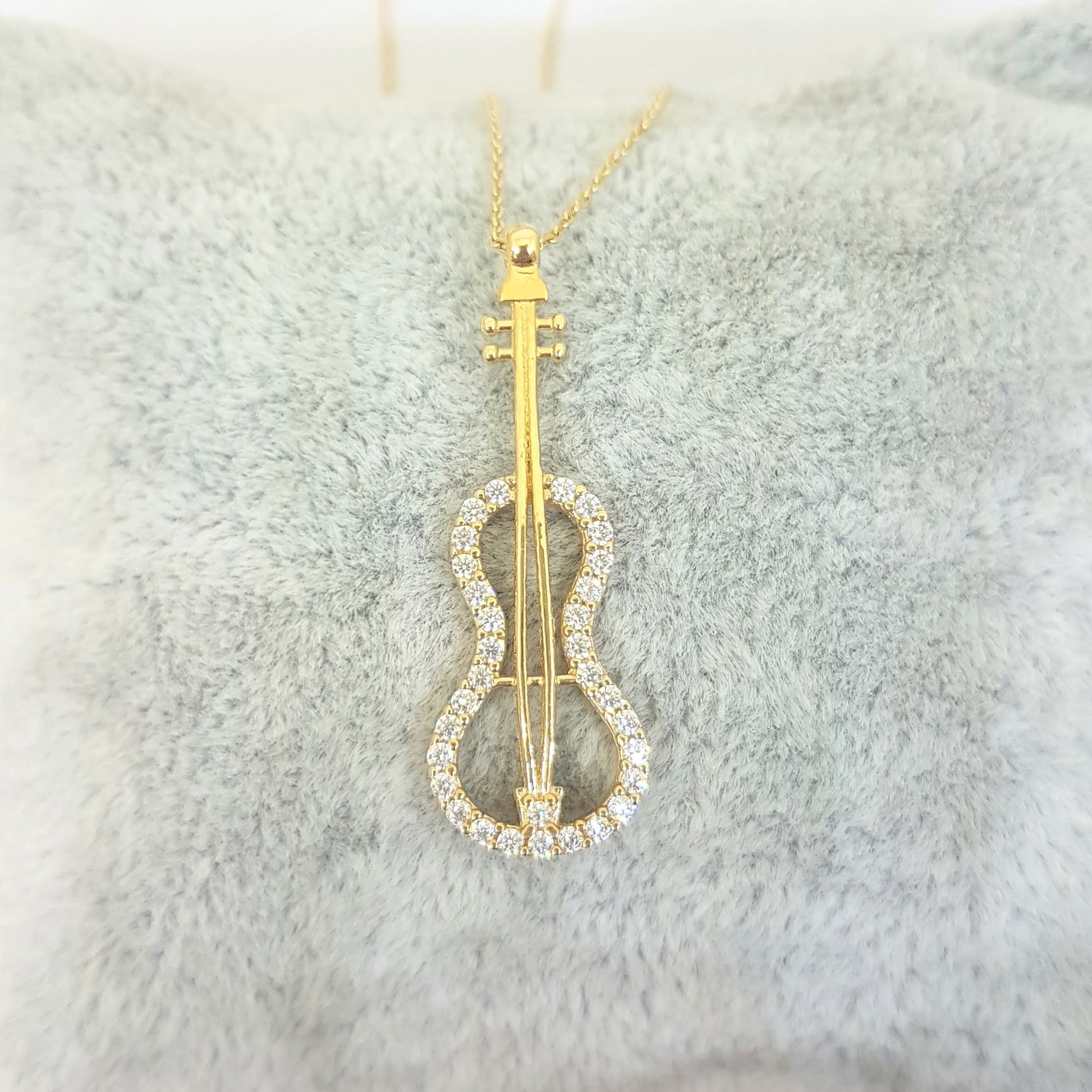 14K Real Solid Gold Violin Bass Guitar Charm Pendant Necklace Decorated with White Zirconia Stones Dainty Elegant for Women