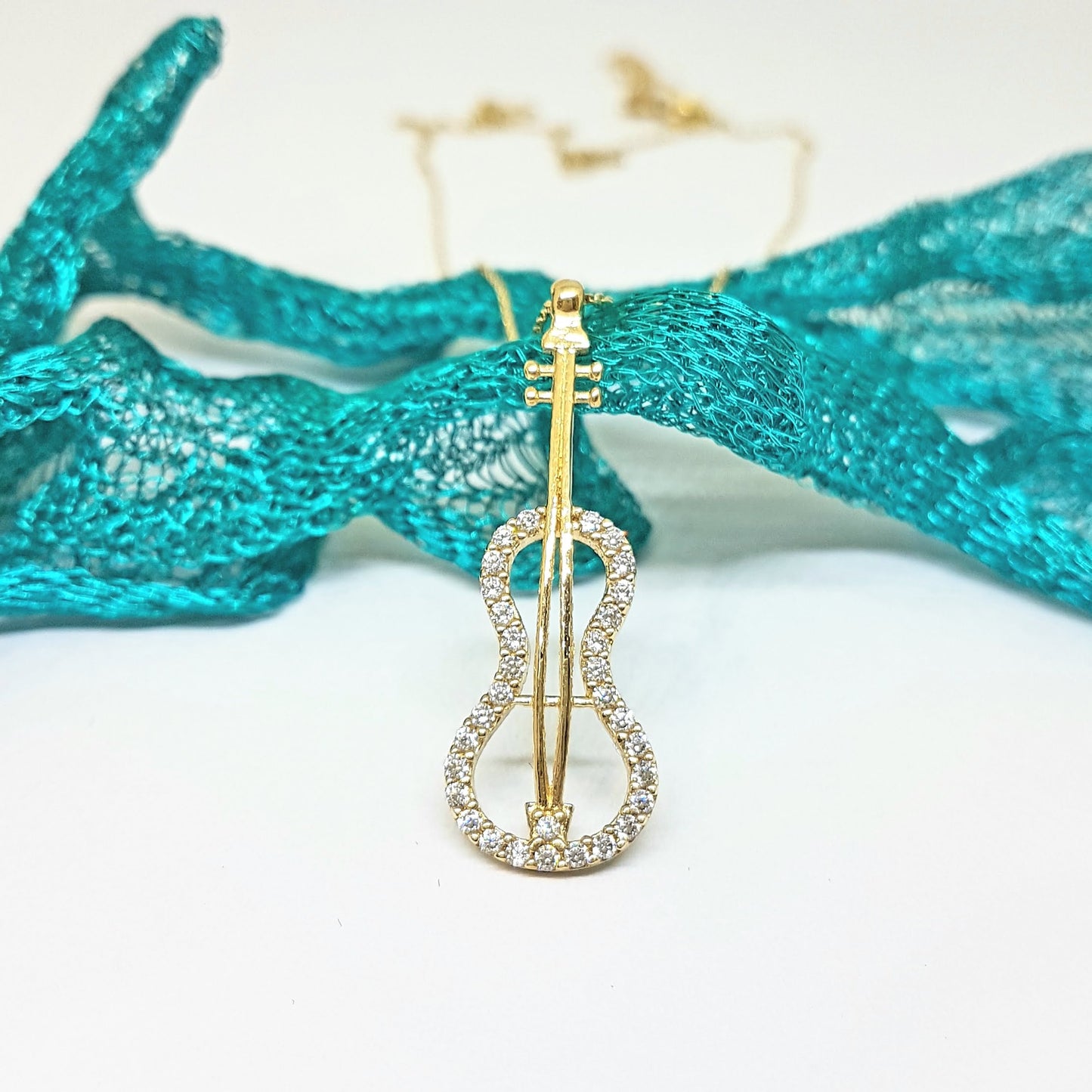 14K Real Solid Gold Violin Bass Guitar Charm Pendant Necklace Decorated with White Zirconia Stones Dainty Elegant for Women
