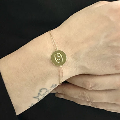 14K Real Solid Gold Zodiac Bracelet for Women, Disc Engraved Astrology Disc Horoscope Bracelet , Zodiac Sign Jewelry , Birthday Gift for Her