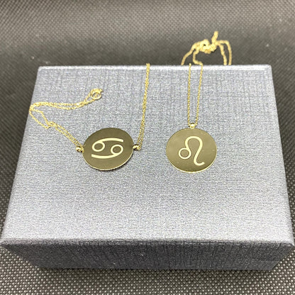 14K Real Solid Gold Zodiac Necklace, Engraved Astrology Necklace , Disc Horoscope Necklace , Personalized Zodiac Sign Pendant