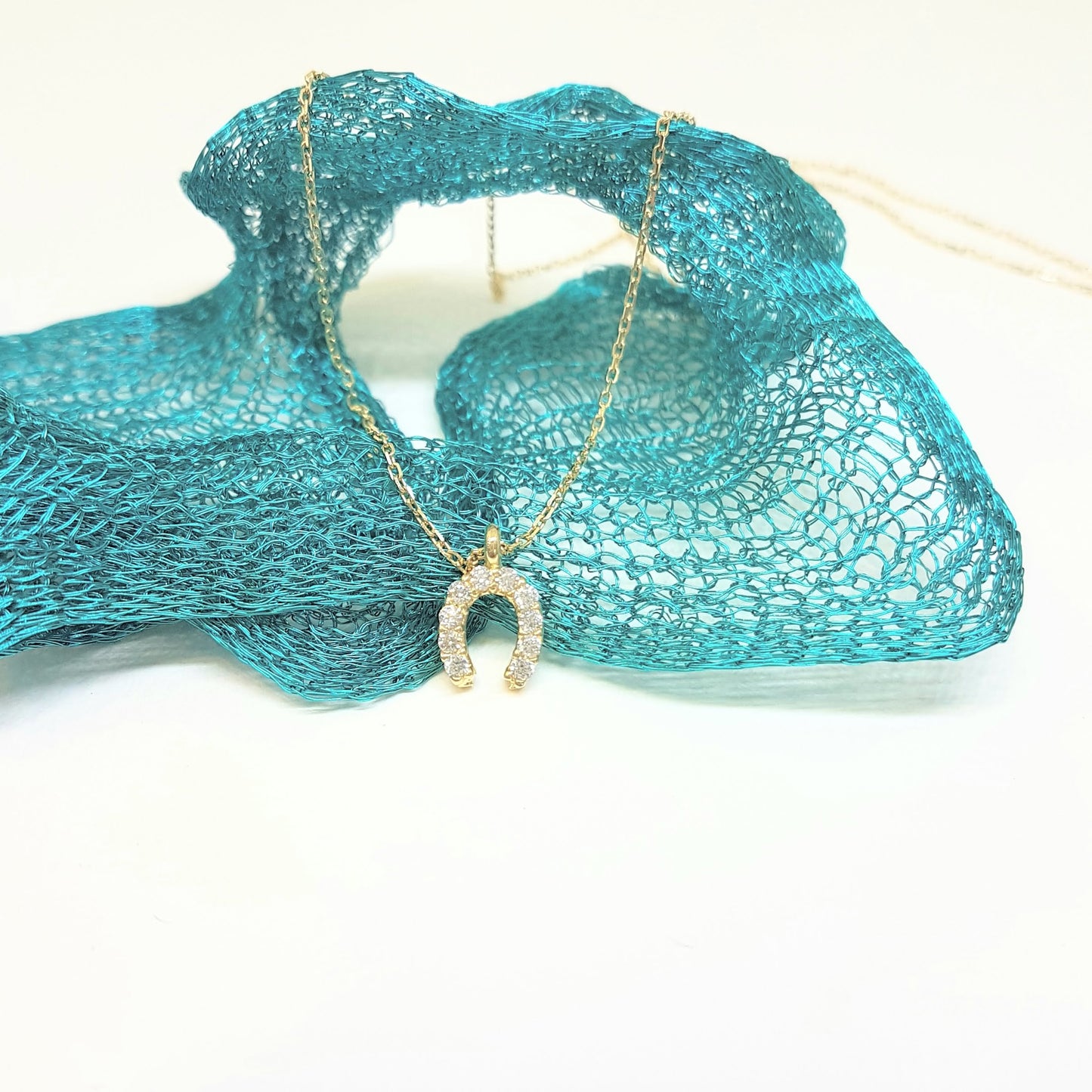 Horseshoe Pendant Necklace 14K Real Solid Gold with White Zirconia Stones Cute Charm Dainty Delicate Trendy Elegant Lucky Birthday Gift for Women