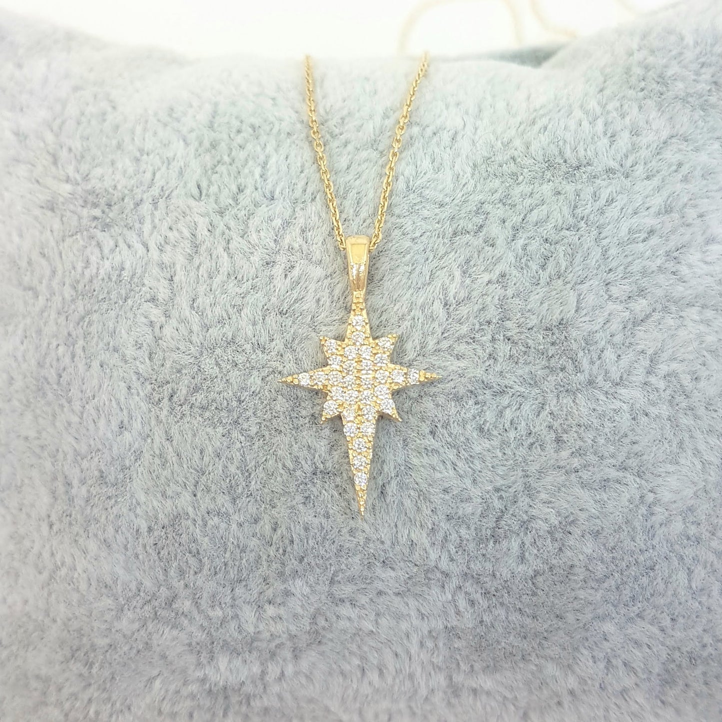 14K Real Solid Gold North Star Pendant Necklace with White Zirconia Stones Cute Charm Dainty Delicate Trendy Elegant Best Birthday Christmas Gift for Women Wife Her Grandma Girls