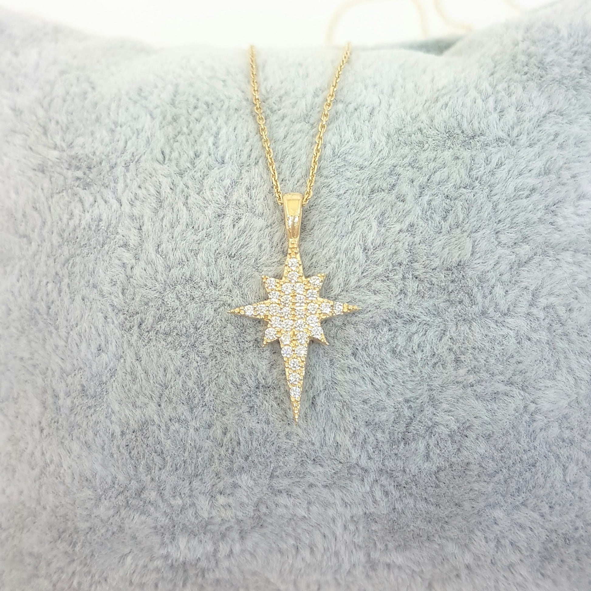 14K Real Solid Gold North Star Pendant Necklace with White Zirconia Stones Cute Charm Dainty Delicate Trendy Elegant Best Birthday Christmas Gift for Women Wife Her Grandma Girls