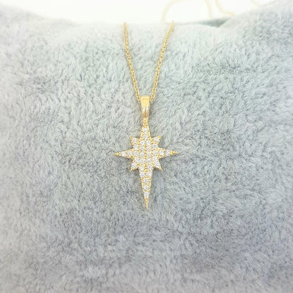14K Real Solid Gold North Star Pendant Necklace with White Zirconia Stones Cute Charm Dainty Delicate Trendy Elegant Best Birthday Christmas Gift for Women Wife Her Grandma Girls