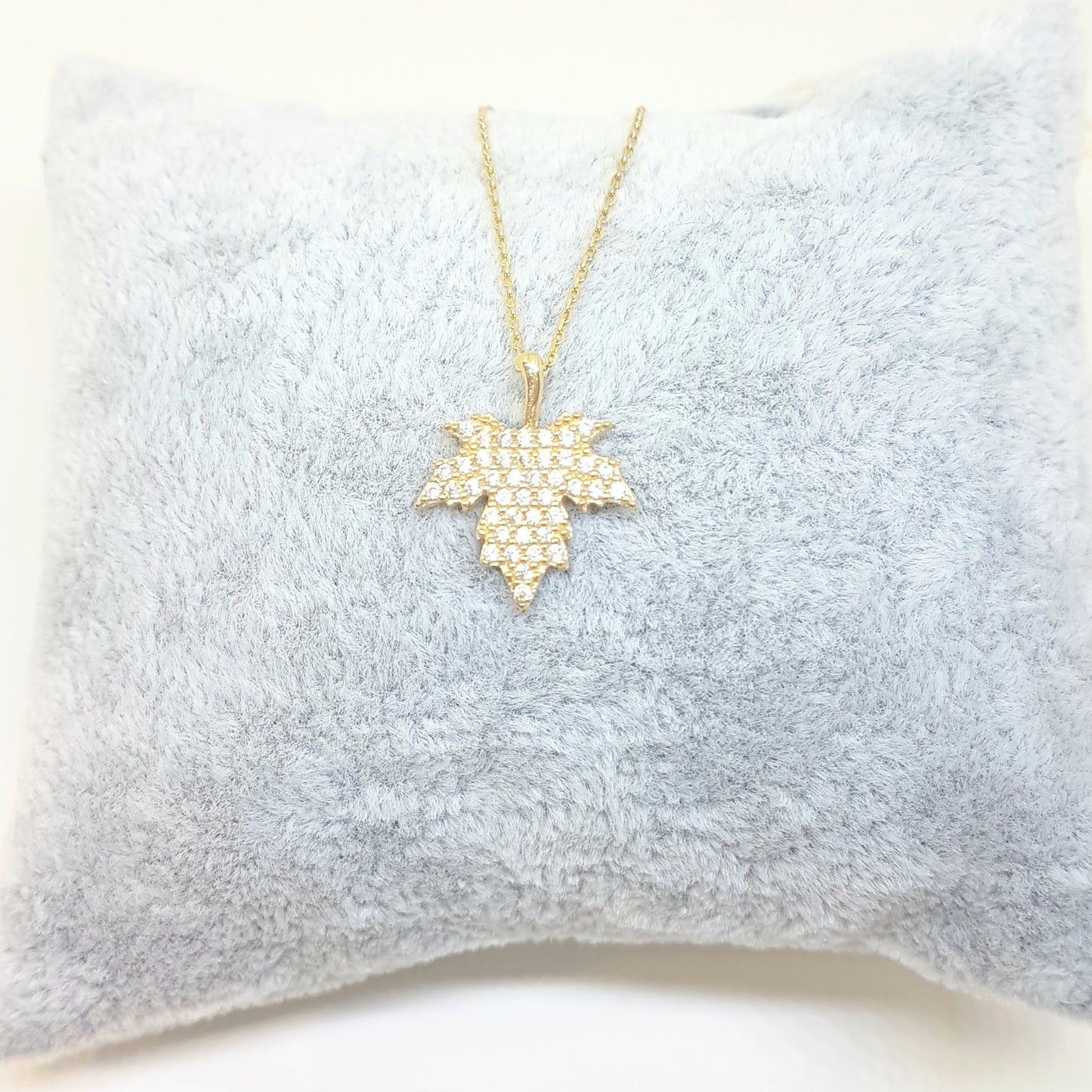 14K Real Solid Gold Long Leaf Pendant Necklace with White Zirconia Stones Cute Charm Dainty Delicate Trendy Elegant Birthday Gift for her women jewelry wife grandma girl Autumn Maple