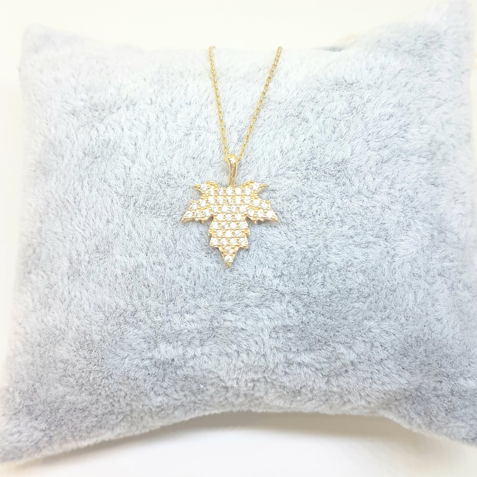 14K Real Solid Gold Long Leaf Pendant Necklace with White Zirconia Stones Cute Charm Dainty Delicate Trendy Elegant Birthday Gift for her women jewelry wife grandma girl Autumn Maple