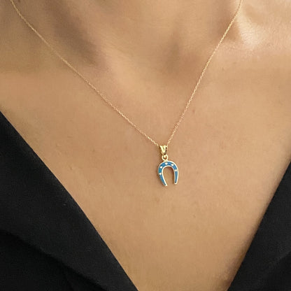 14K Real Solid Yellow Gold Horseshoe Necklace for Women , Lucky Horseshoe Pendant , Charm Horseshoe Jewelry with Turquoise, Gift for her