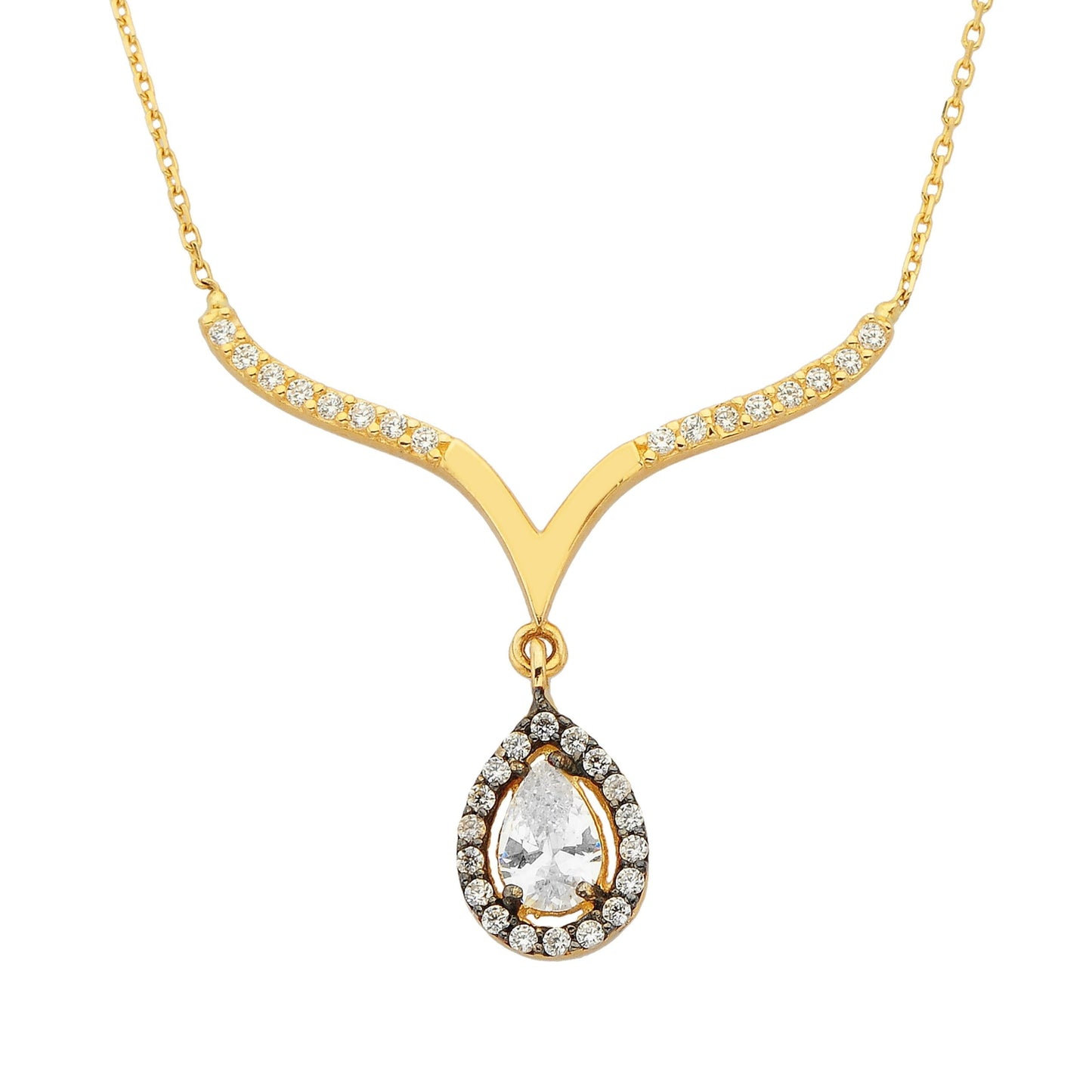 14K Real Solid Yellow Gold Tear Drop Halo Cubic Zirconia Necklace | Tear Drop Pendant Jewelry for Women's Wedding Bridal Christmas Mother's Day Birthday Gift