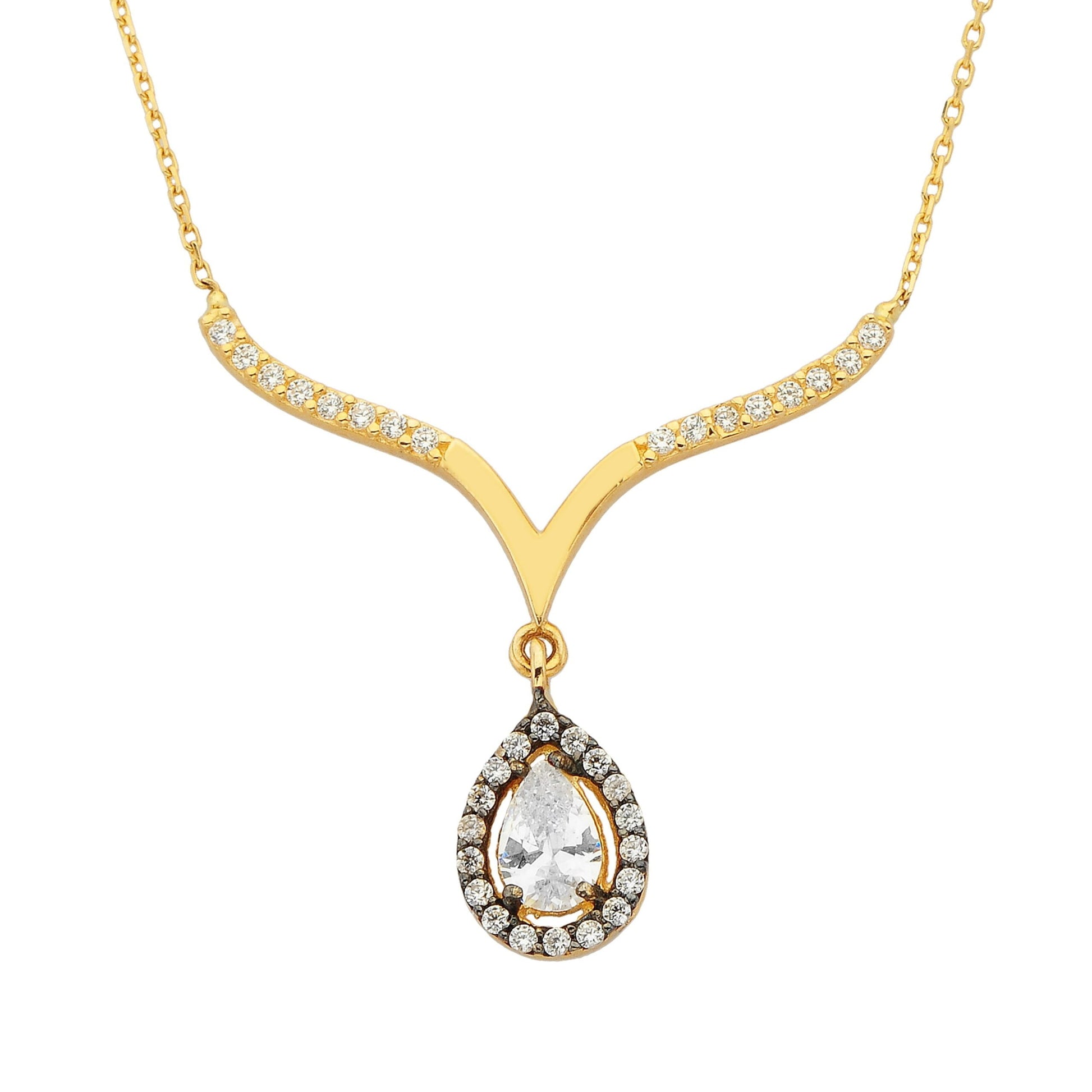 14K Real Solid Yellow Gold Tear Drop Halo Cubic Zirconia Necklace | Tear Drop Pendant Jewelry for Women's Wedding Bridal Christmas Mother's Day Birthday Gift