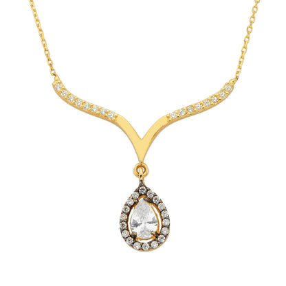 14K Real Solid Yellow Gold Tear Drop Halo Cubic Zirconia Necklace | Tear Drop Pendant Jewelry for Women's Wedding Bridal Christmas Mother's Day Birthday Gift