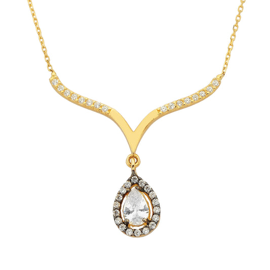 14K Real Solid Yellow Gold Tear Drop Halo Cubic Zirconia Necklace | Tear Drop Pendant Jewelry for Women's Wedding Bridal Christmas Mother's Day Birthday Gift