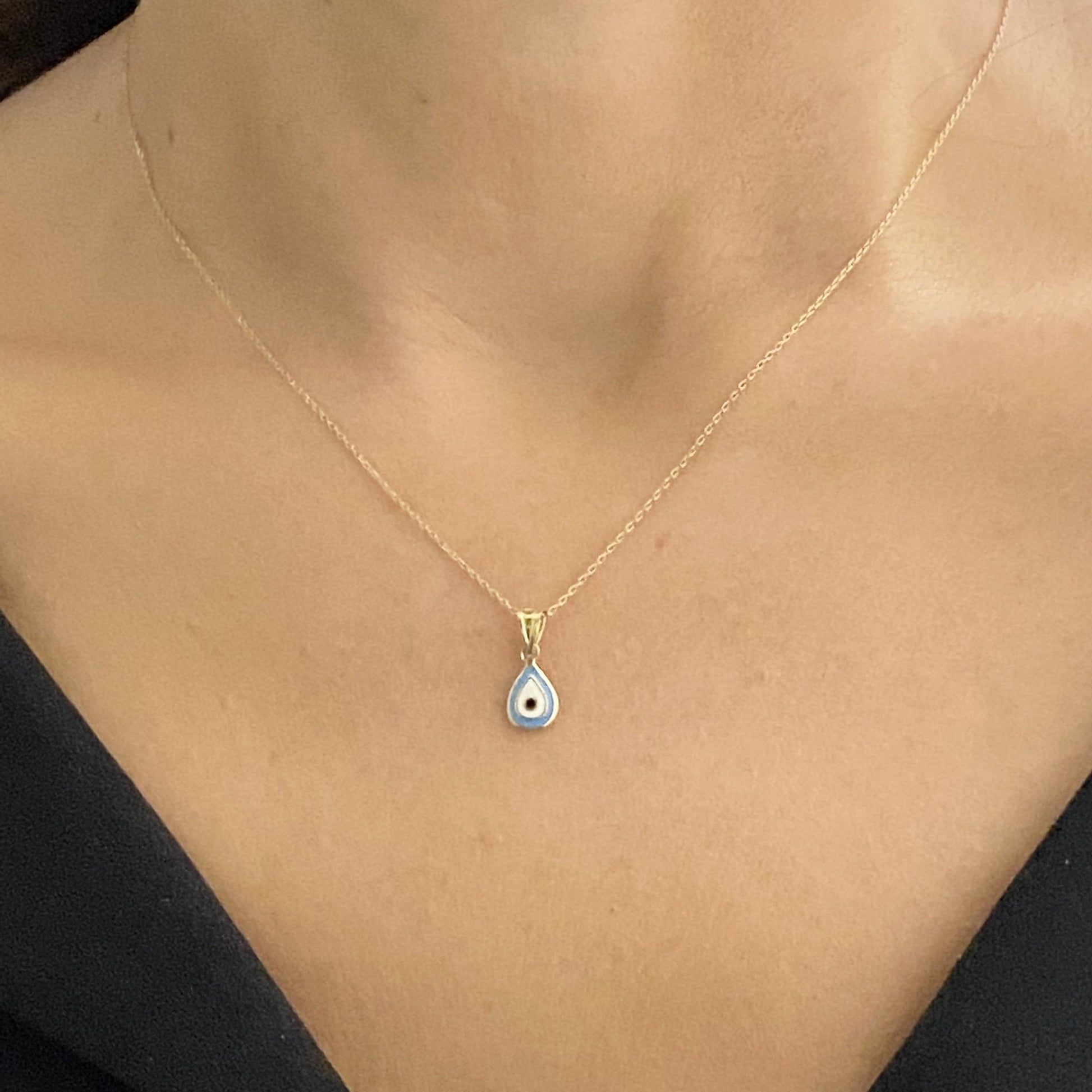 14K Real Solid Yellow Gold Teardrop Evil Eye Pendant Necklace for Women , Layered Minimalist Protection Necklace, Christmas Birthday Gift for her mom