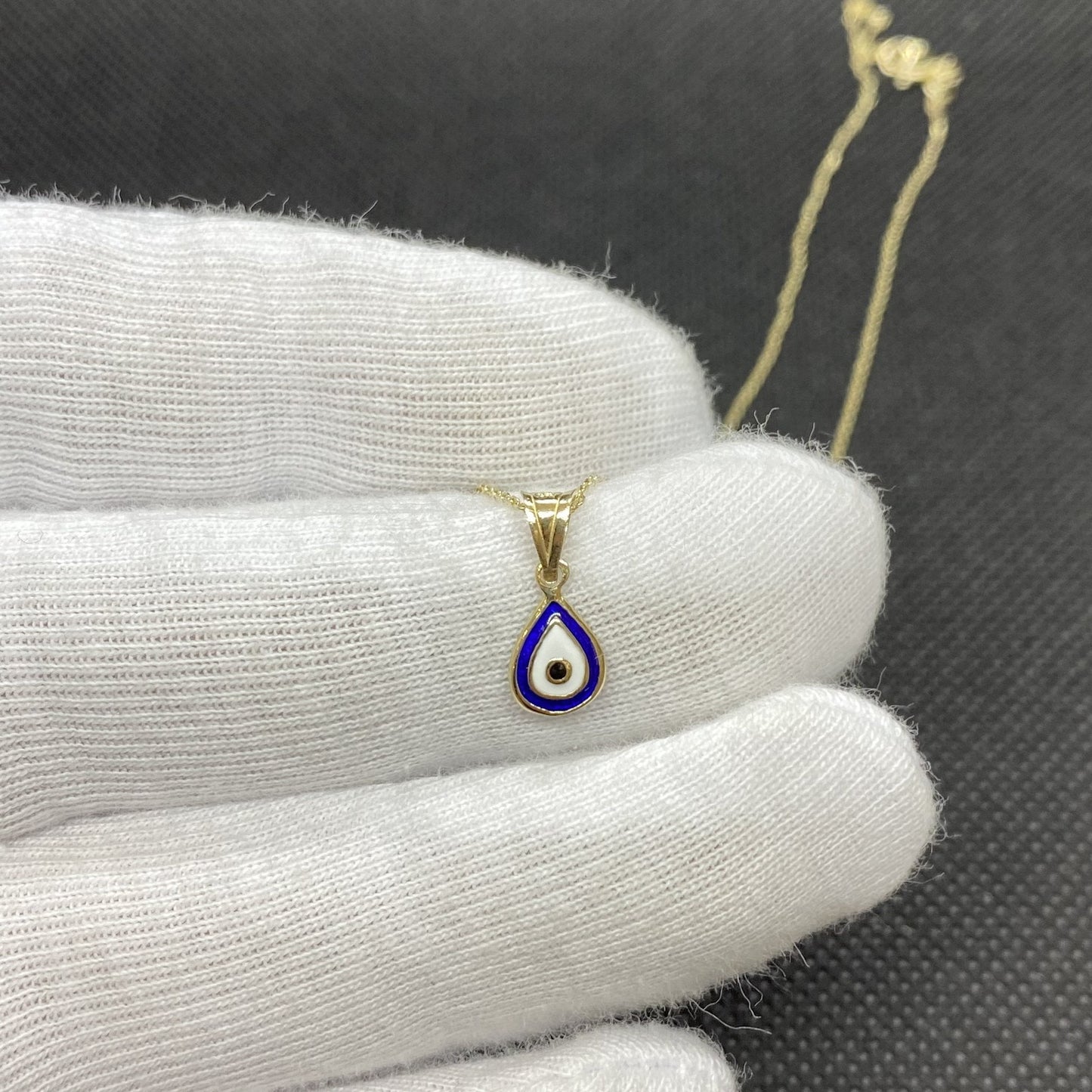 14K Real Solid Yellow Gold Teardrop Evil Eye Pendant Necklace for Women , Two Sided Minimalist Necklace, Christmas Gift for her mom