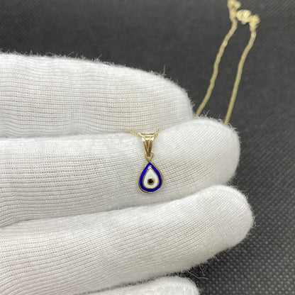 14K Real Solid Yellow Gold Teardrop Evil Eye Pendant Necklace for Women , Two Sided Minimalist Necklace, Christmas Gift for her mom