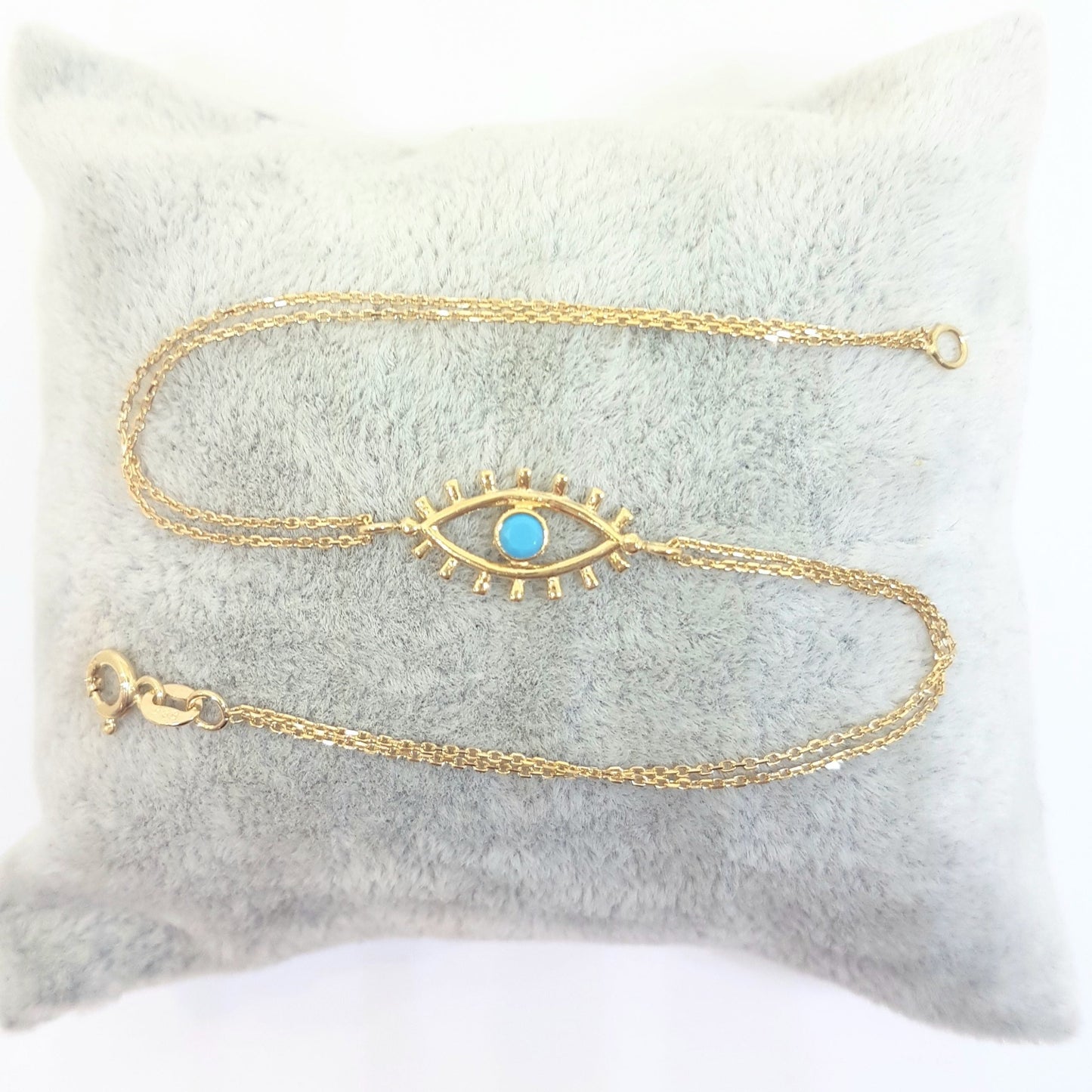 14K Real Solid Yellow Gold Turquoise Evil Eye Bracelet For Women