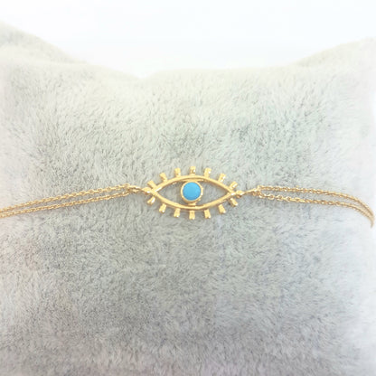 14K Real Solid Yellow Gold Turquoise Evil Eye Bracelet For Women