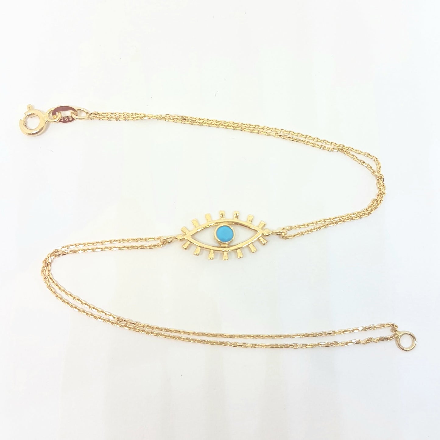 14K Real Solid Yellow Gold Turquoise Evil Eye Bracelet For Women