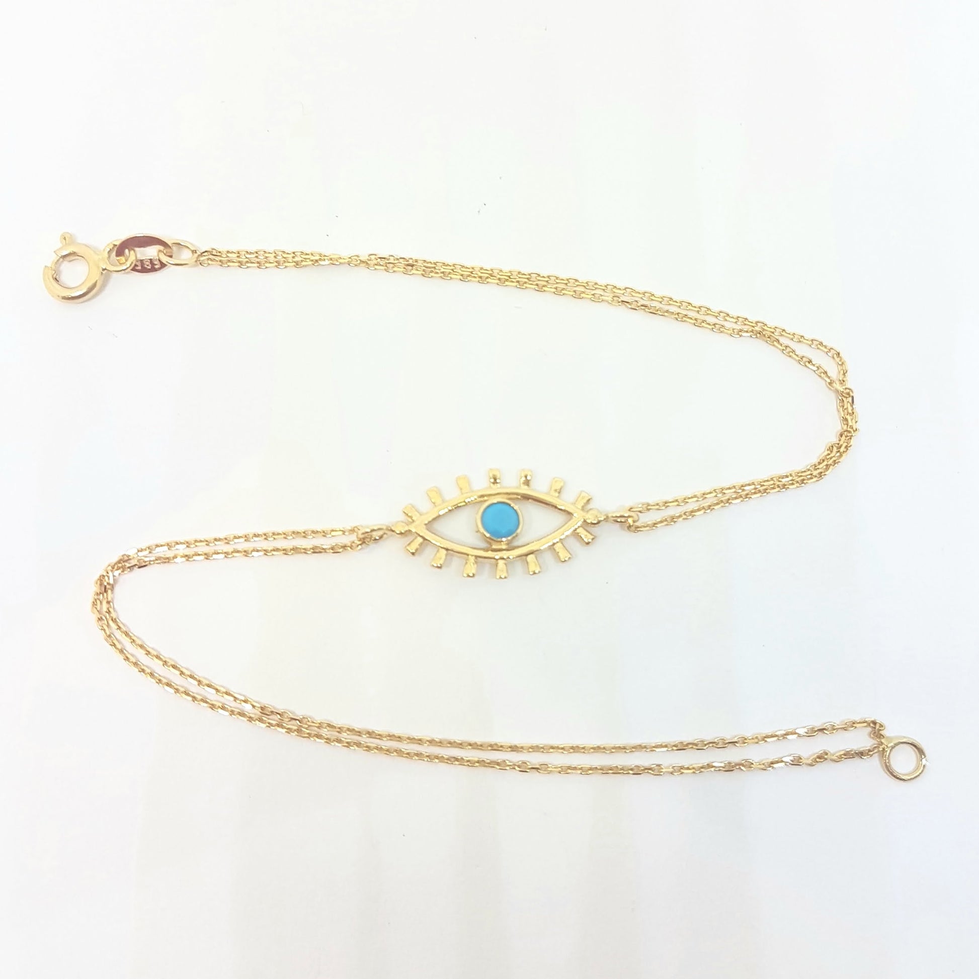 14K Real Solid Yellow Gold Turquoise Evil Eye Bracelet For Women