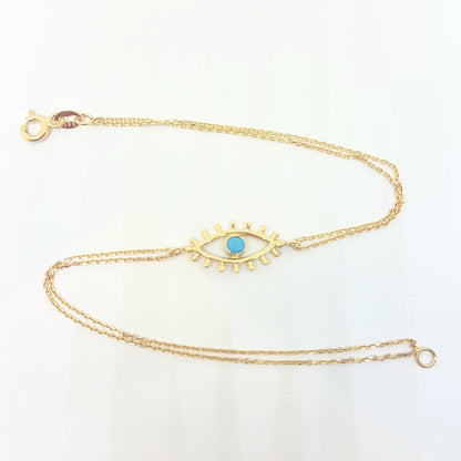 14K Real Solid Yellow Gold Turquoise Evil Eye Bracelet For Women