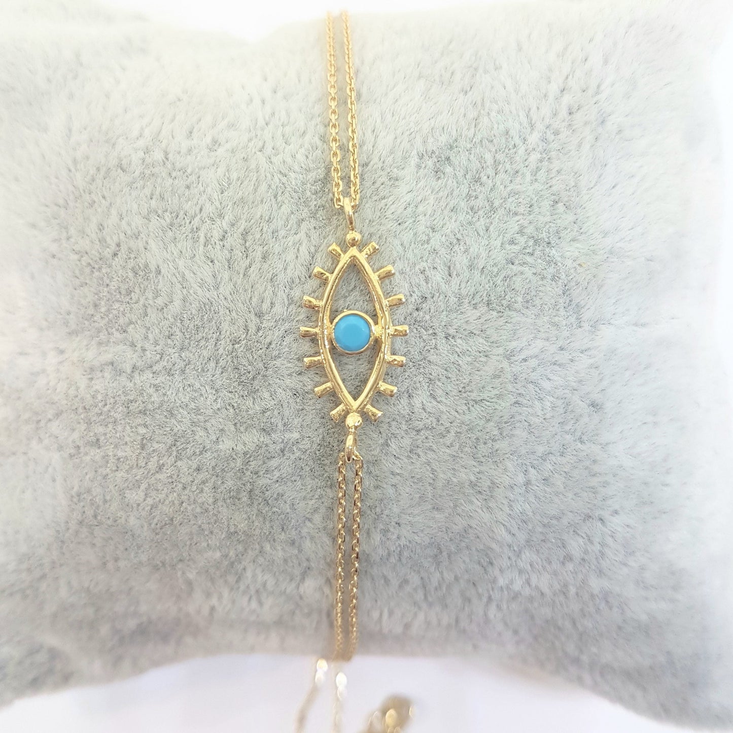 14K Real Solid Yellow Gold Turquoise Evil Eye Bracelet For Women