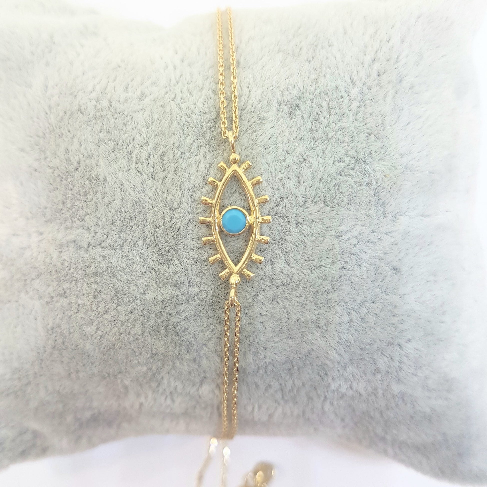 14K Real Solid Yellow Gold Turquoise Evil Eye Bracelet For Women