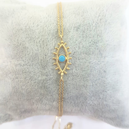 14K Real Solid Yellow Gold Turquoise Evil Eye Bracelet For Women