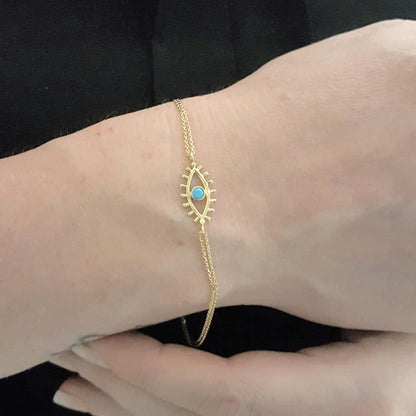 14K Real Solid Yellow Gold Turquoise Evil Eye Bracelet For Women