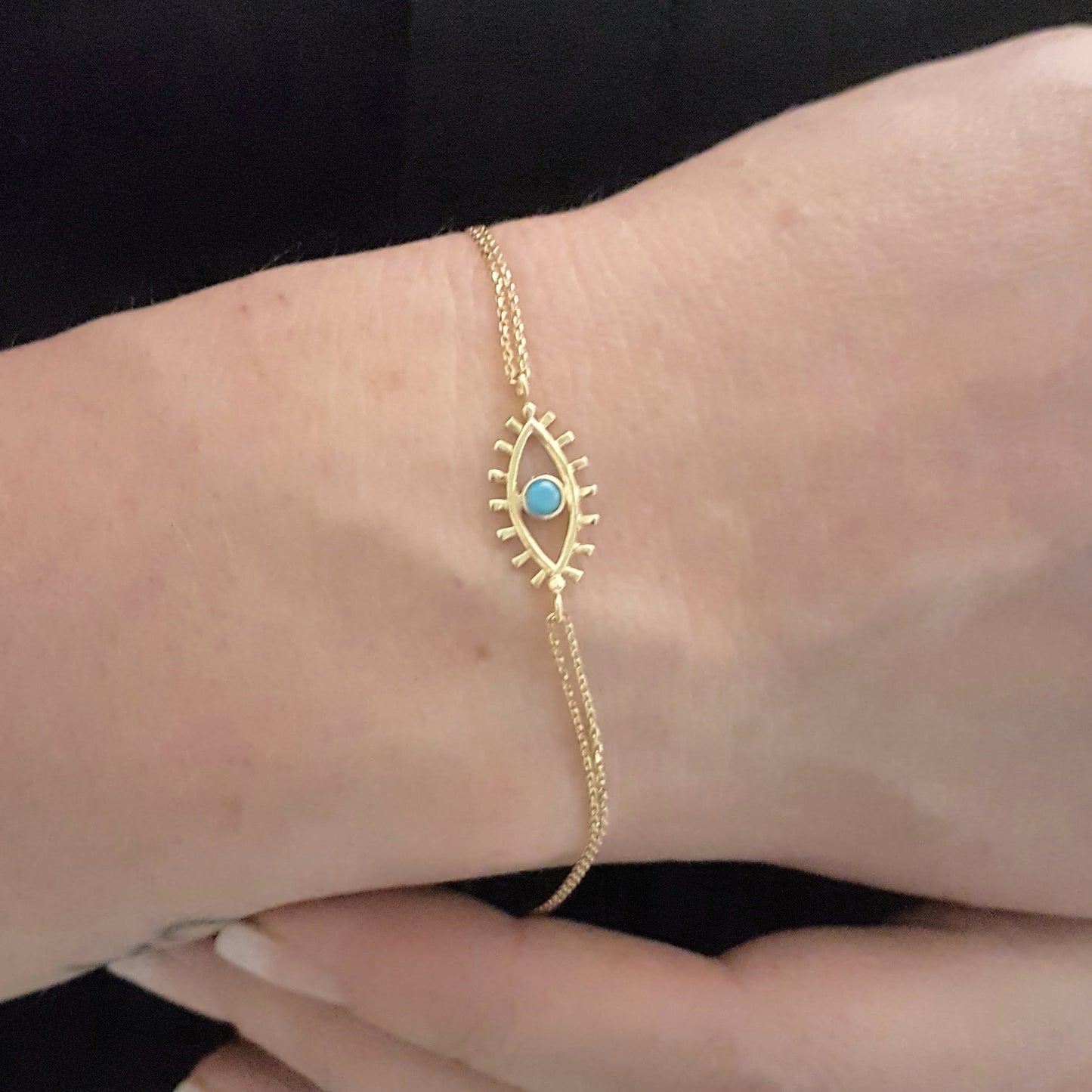 14K Real Solid Yellow Gold Turquoise Evil Eye Bracelet For Women