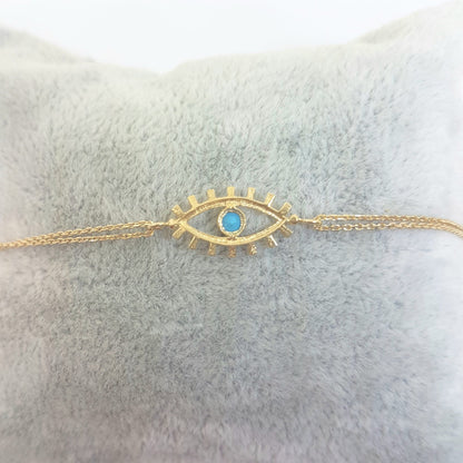 14K Real Solid Yellow Gold Turquoise Evil Eye Bracelet For Women