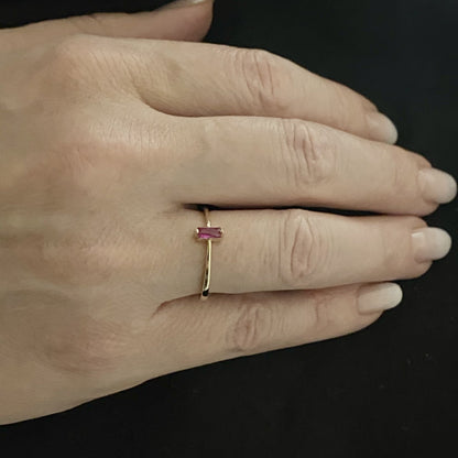 14K Solid Gold Baguette Ruby Ring for Women , July Birthstone Ring , Ruby Dainty Baguette Stacking Ring, Birthday Gifts for mom