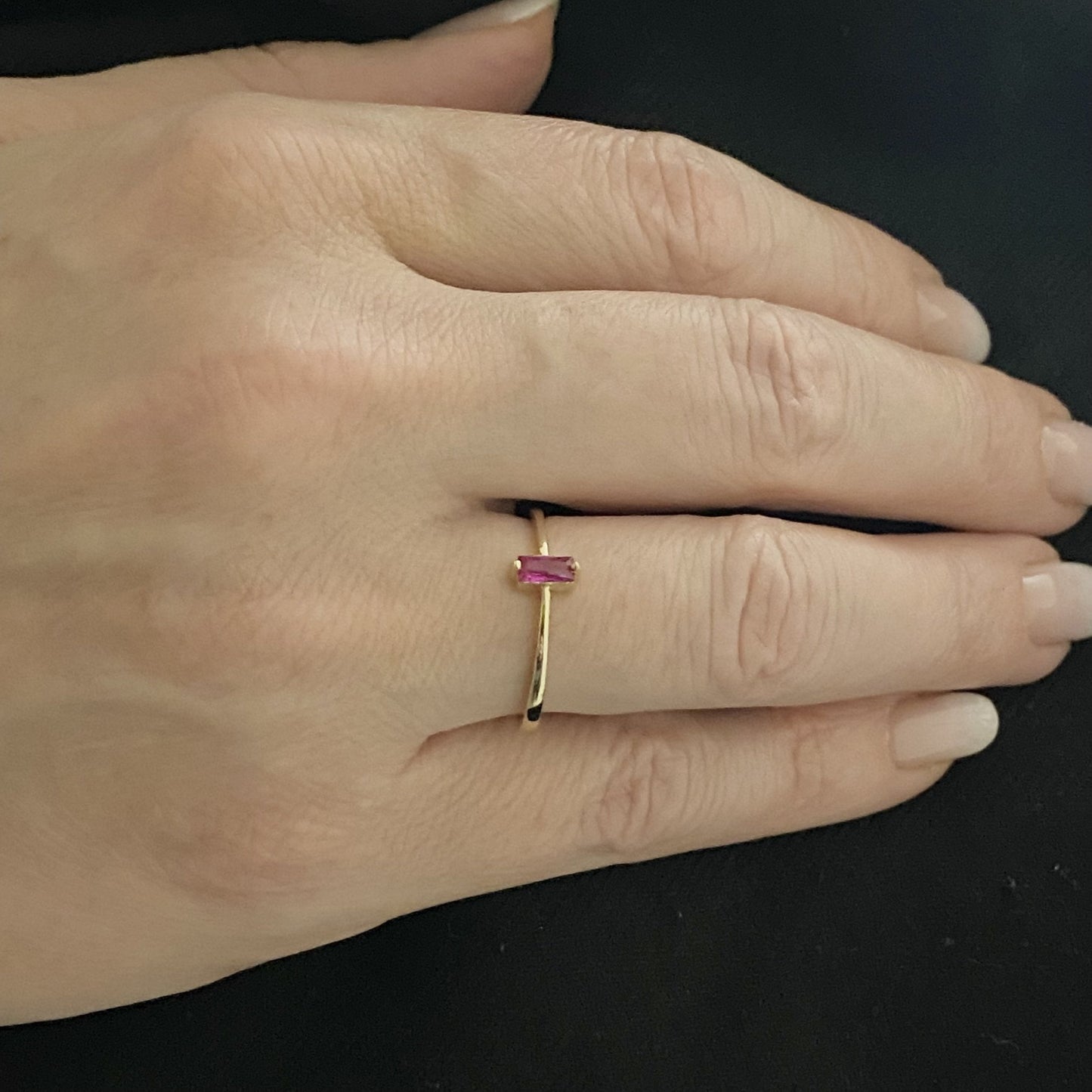14K Solid Gold Baguette Ruby Ring for Women , July Birthstone Ring , Ruby Dainty Baguette Stacking Ring, Mother's Day Gifts