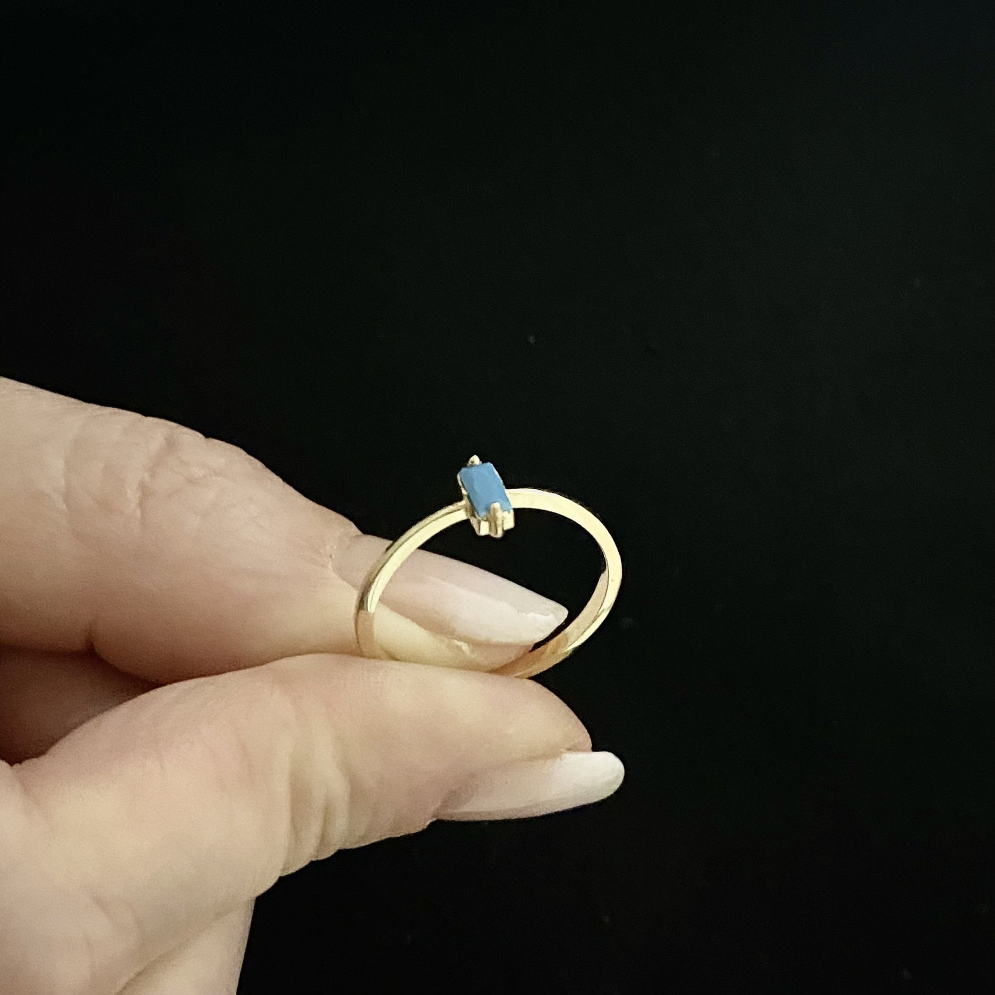 14K Solid Gold Baguette Turquoise Ring, Dainty Turquoise Stacking Ring, Delicate Turquoise Ring, December Birthstone Ring for Her