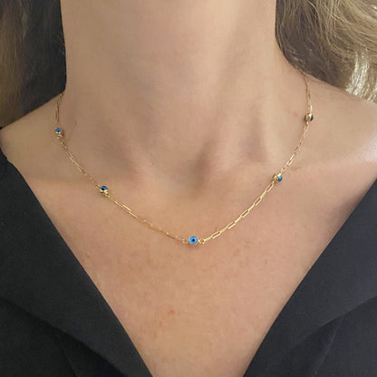14K Solid Gold Beaded Evil Eye Necklace for Women , Bead Evil Eye Paperclip Chain Necklace , Gift for Her , Turkish Evil Eye jewellery