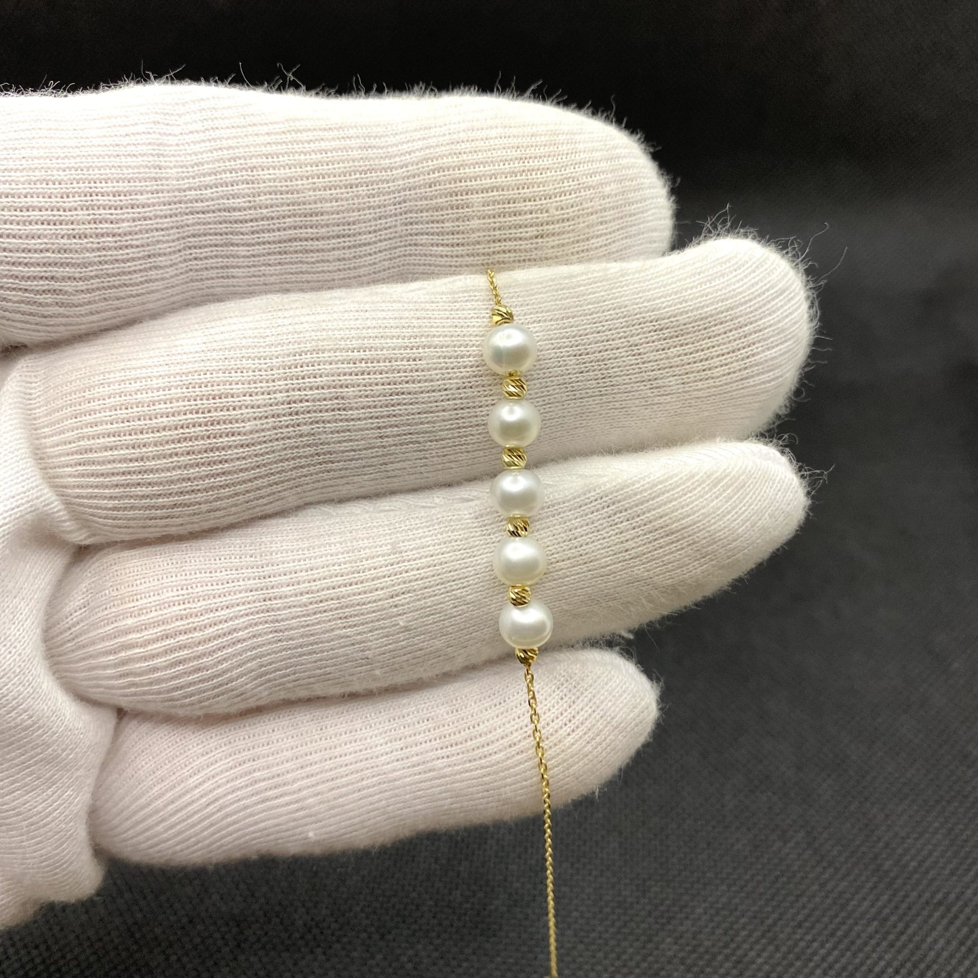 14K Solid Gold Beaded Italian Balls and Five Pearl Bracelet , Pearl Bracelets for Women , Dainty Freshwater Pearl Bracelet Gold ,Pearl Jewelry