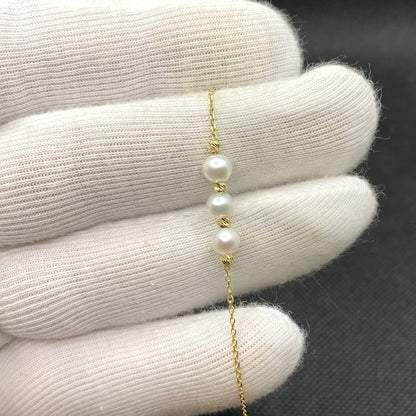 14K Solid Gold Beaded Italian Balls and Pearl Bracelet , Pearl Bracelets for Women , Dainty Freshwater Pearl Bracelet Gold , Pearl Jewelry