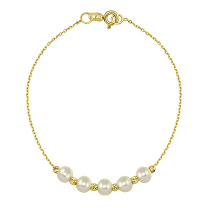 14K Solid Gold Beaded Italian Balls and Pearl Bracelet for women ,Five Pearl Bracelets , Freshwater Pearl Bracelet Gold , Pearl Jewelry