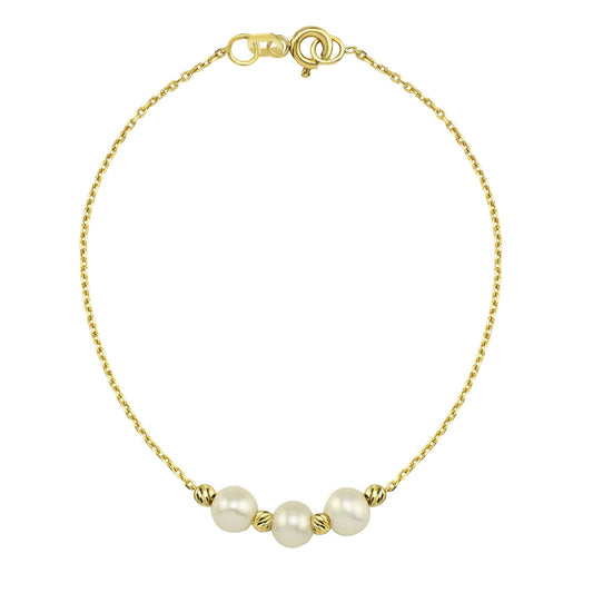 14K Solid Gold Beaded Italian Balls and ThreeThree Pearl Bracelet , Pearl Bracelets for Women , Dainty Freshwater Pearl Bracelet Gold , Pearl Jewelry
