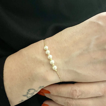14K Solid Gold Beaded Pearl and Italian Balls Bracelet , Pearl Bracelet for Women , Dainty Freshwater Pearl Bracelet Gold , Pearl Jewelry