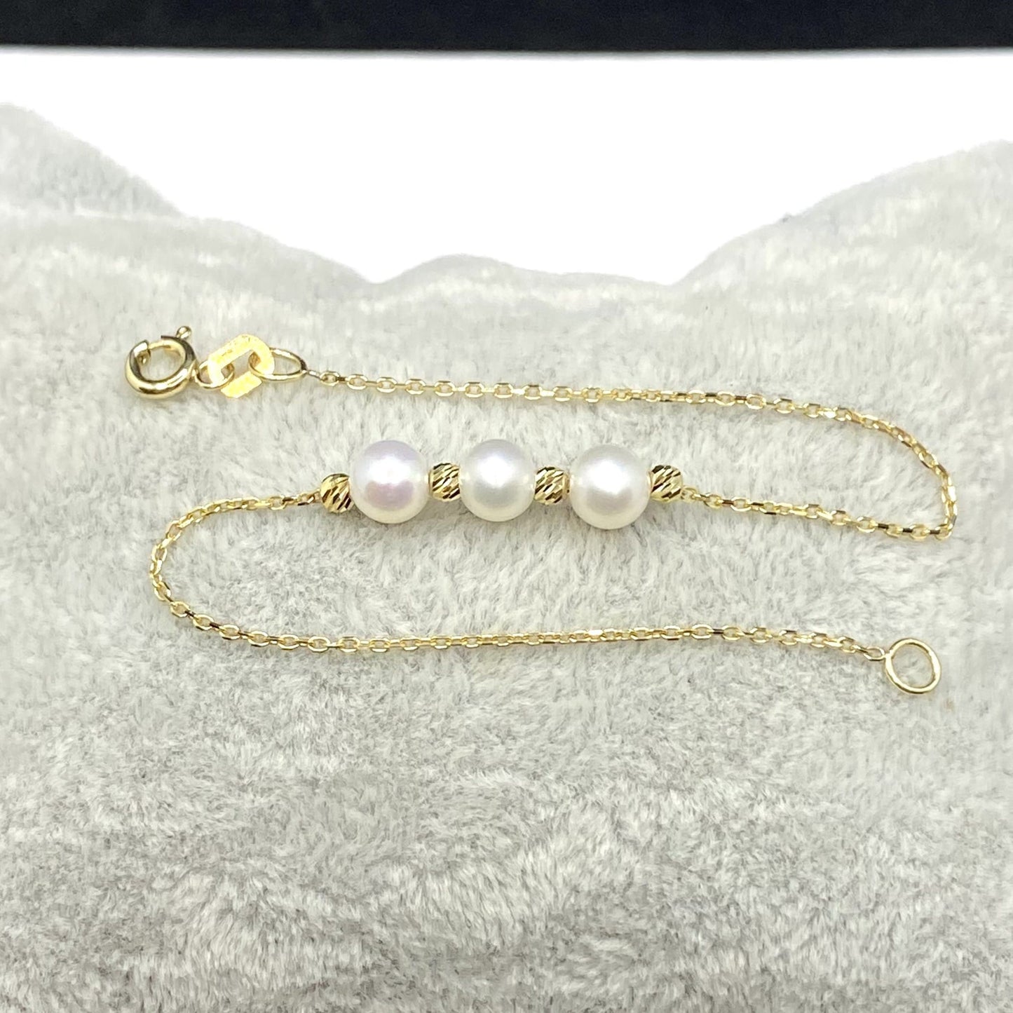14K Real Solid Gold Beaded Italian Balls and Three Pearl Bracelet for Women