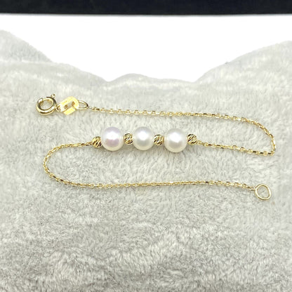 14K Real Solid Gold Beaded Italian Balls and Three Pearl Bracelet for Women