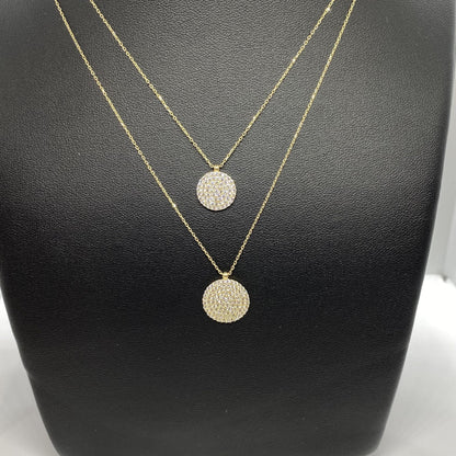 14K Real Solid Gold CZ Pave Disc Necklace for Women