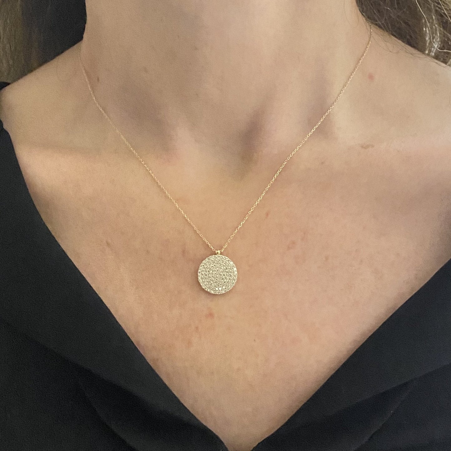 14K Solid Gold CZ Round Necklace for Women , CZ Pave Pendant , Disc Necklace Gold , Circle Necklace , Birthday gift for her , Casual Jewelry