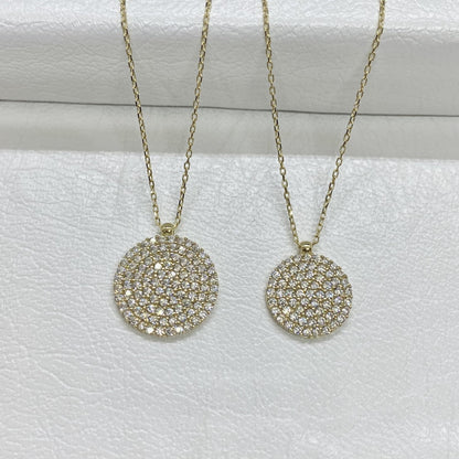 14K Solid Gold CZ Round Necklace for Women , CZ Pave Pendant , Disc Necklace Gold , Circle Necklace , Birthday gift for her , Casual Jewelry