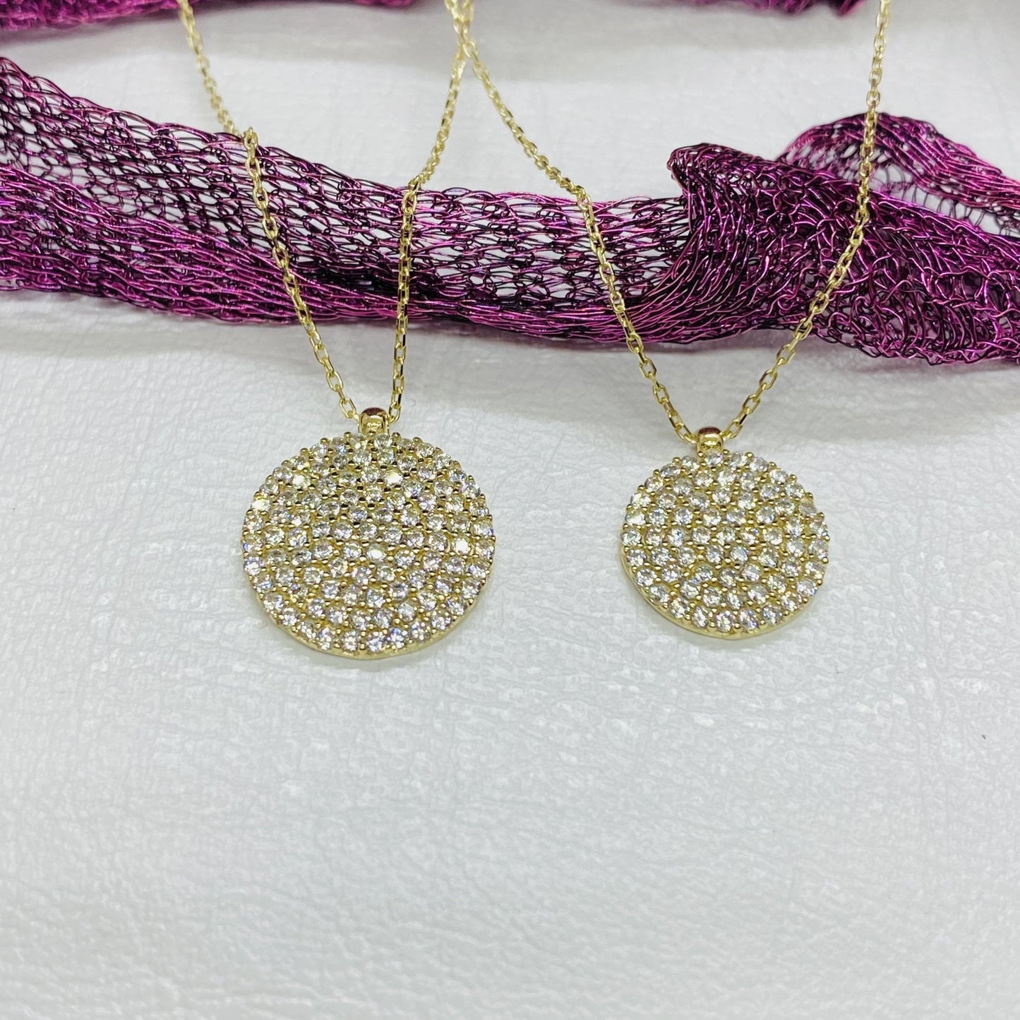 14K Solid Gold CZ Round Necklace for Women , CZ Pave Pendant , Disc Necklace Gold , Circle Necklace , Birthday gift for her , Dainty Jewelry