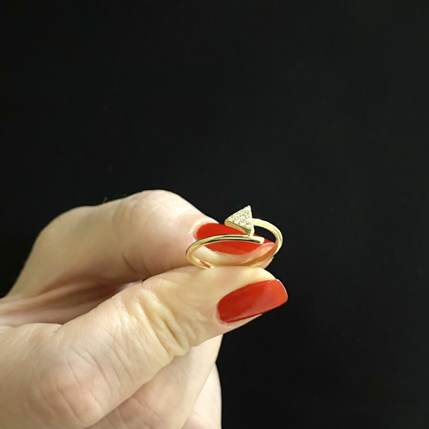 14K Real Solid Gold CZ Triangle Ring for Women